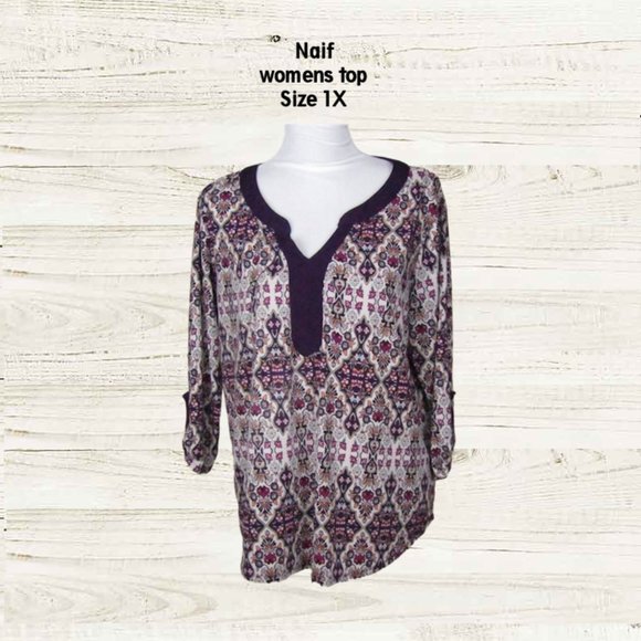 Naif womens top blouse size 1X purple printed ¾ sleeve with roll tab - Picture 1 of 14
